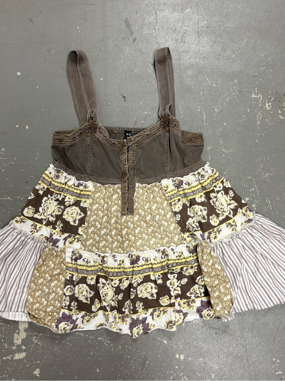 Free People Y2K Brown Cream Floral Patchwork Boho Babydoll Tanktop Womens XS